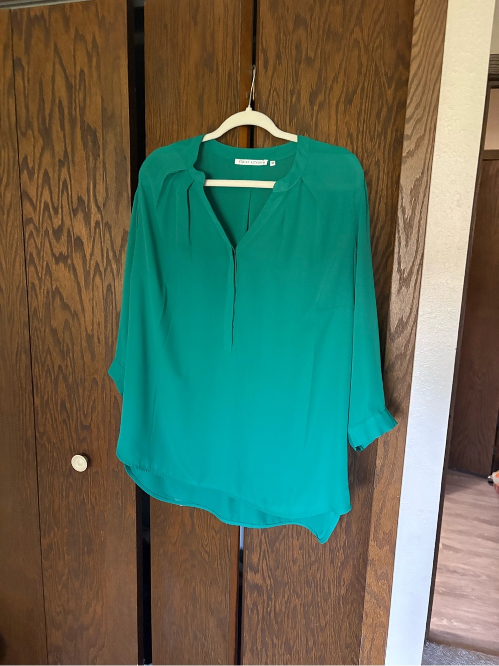 Teal Long-Sleeve Split-Neck Blouse